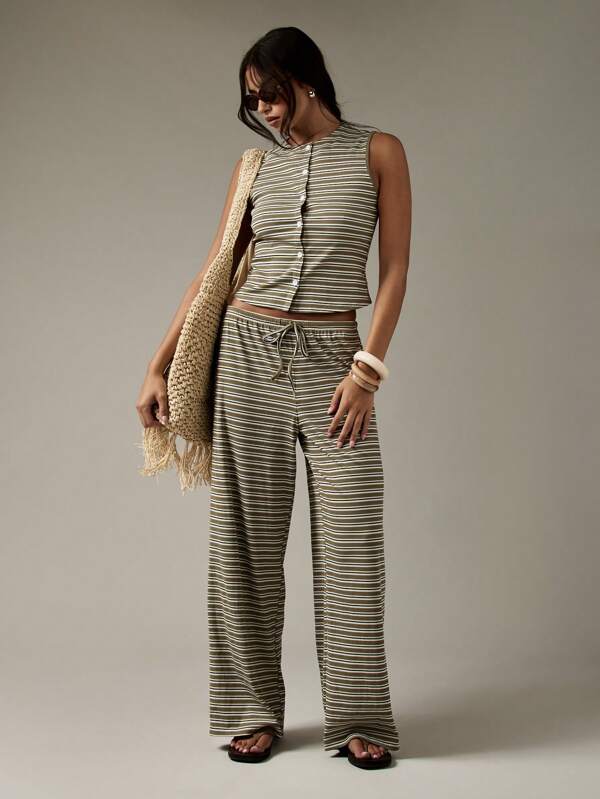 missguided MISSGUIDED Striped Button Through Wide Leg Drawstring Two Piece Outfits
