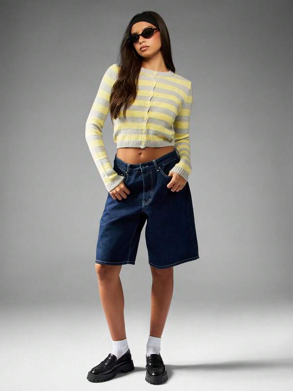 Missguided MISSGUIDED Striped Button Up Crop Cardigan With Ribbed Knit