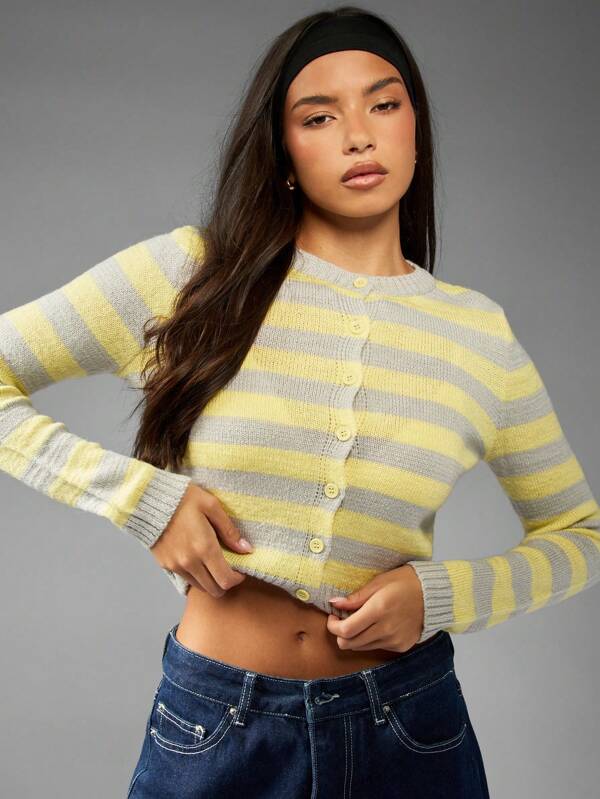missguided MISSGUIDED Striped Button Up Crop Cardigan With Ribbed Knit