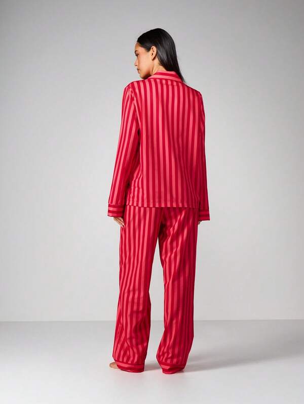Missguided MISSGUIDED Striped Button Up Pajama Set With Long Sleeves