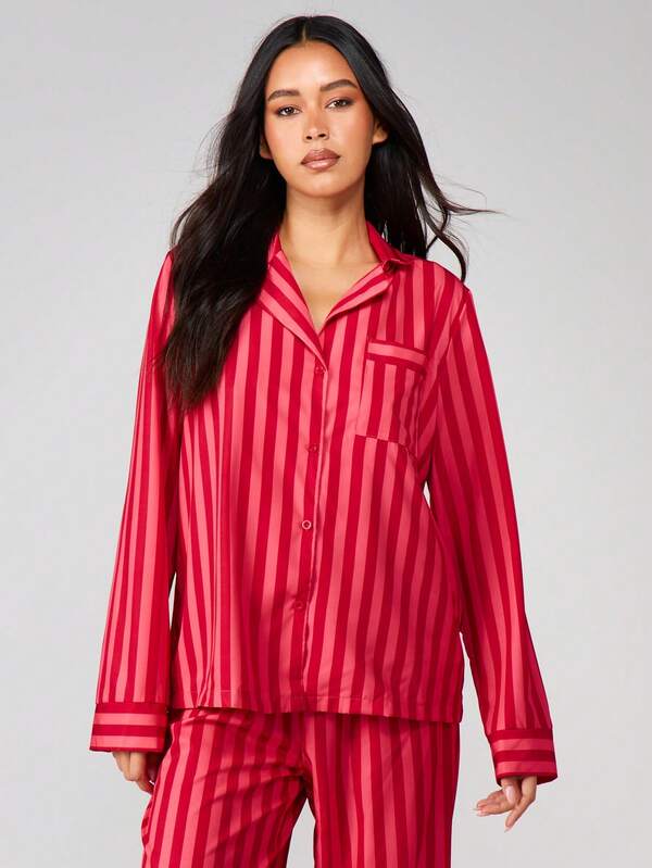 Missguided MISSGUIDED Striped Button Up Pajama Set With Long Sleeves