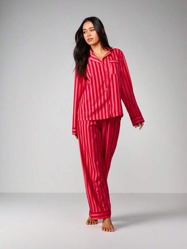 Missguided MISSGUIDED Striped Button Up Pajama Set With Long Sleeves