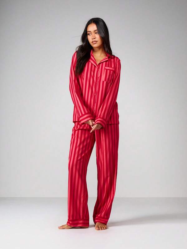 missguided MISSGUIDED Striped Button Up Pajama Set With Long Sleeves
