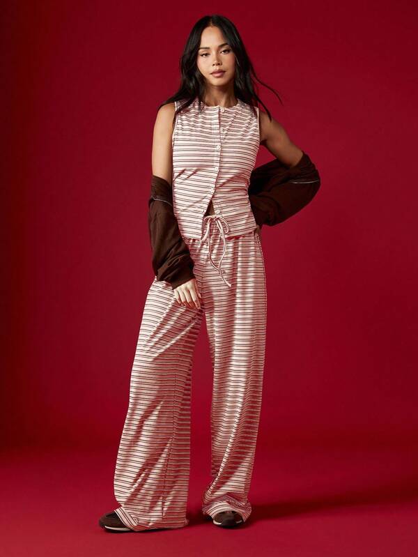 missguided MISSGUIDED Striped Button Up Sleeveless Set With Drawstring Pants