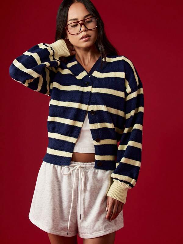 missguided MISSGUIDED Striped Button Up V Neck Cardigan With Ribbed Trim
