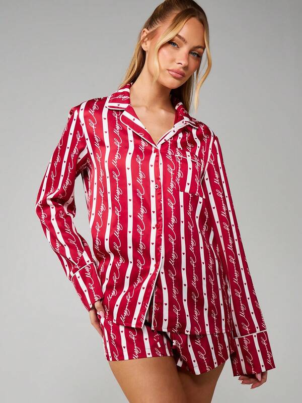 missguided MISSGUIDED Striped Christmas Pajama Set With Button Up Shirt