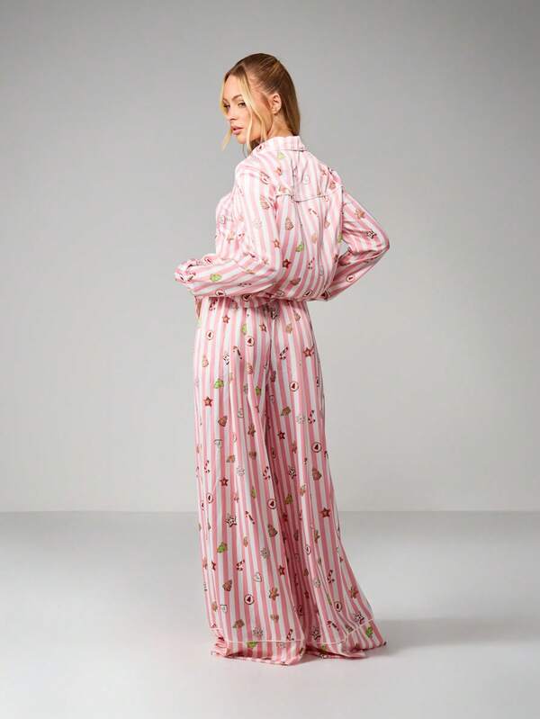 Missguided MISSGUIDED Striped Christmas Pajama Set With Holiday Motifs
