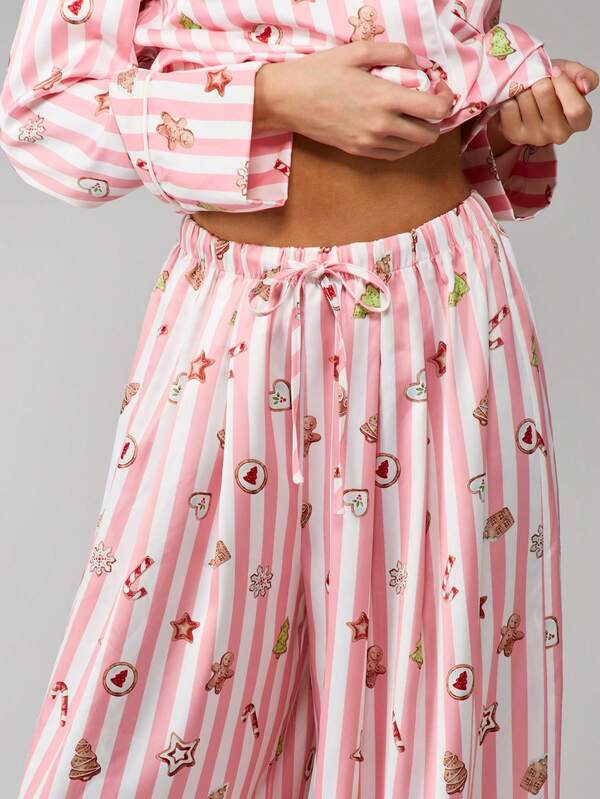 Missguided MISSGUIDED Striped Christmas Pajama Set With Holiday Motifs