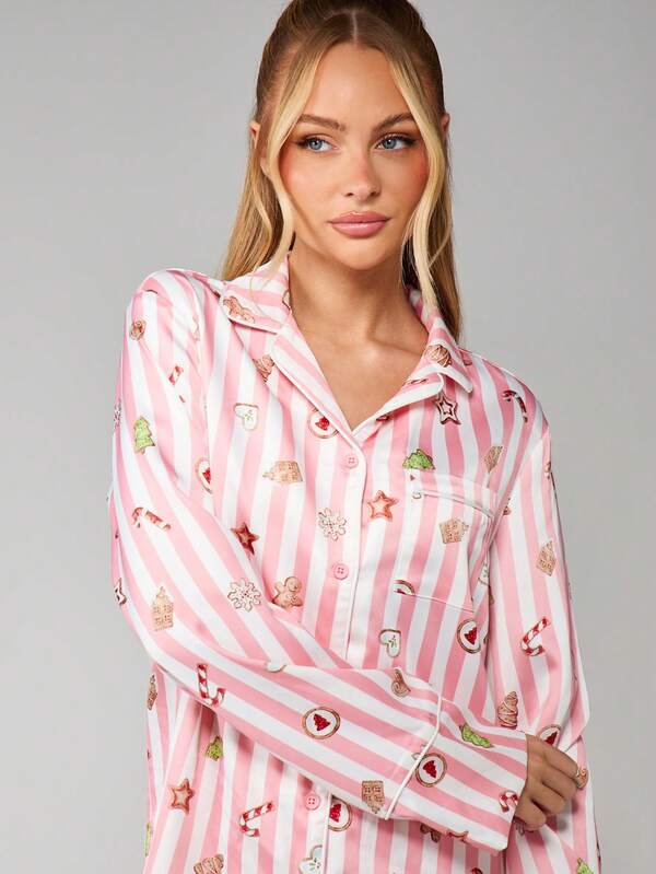 Missguided MISSGUIDED Striped Christmas Pajama Set With Holiday Motifs