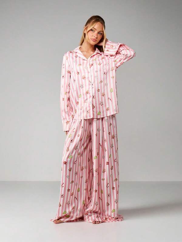 missguided MISSGUIDED Striped Christmas Pajama Set With Holiday Motifs