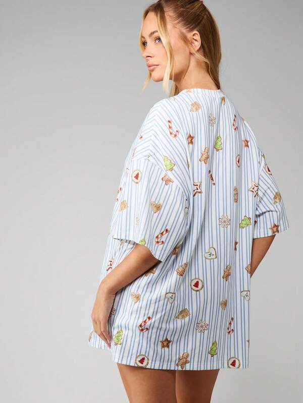 Missguided MISSGUIDED Striped Christmas Sleep Shirt With Holiday Print