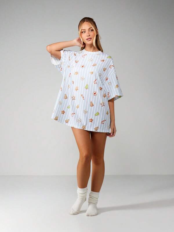 Missguided MISSGUIDED Striped Christmas Sleep Shirt With Holiday Print