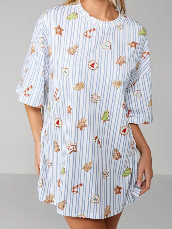 Missguided MISSGUIDED Striped Christmas Sleep Shirt With Holiday Print