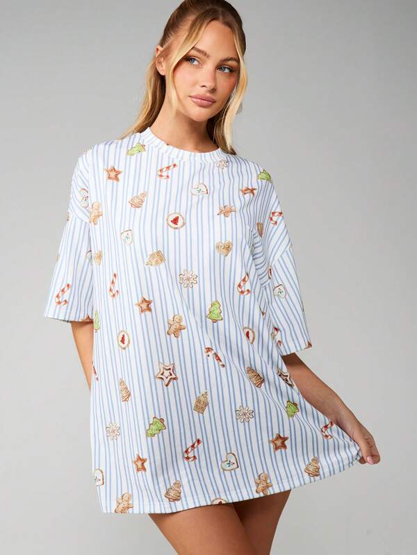 missguided MISSGUIDED Striped Christmas Sleep Shirt With Holiday Print