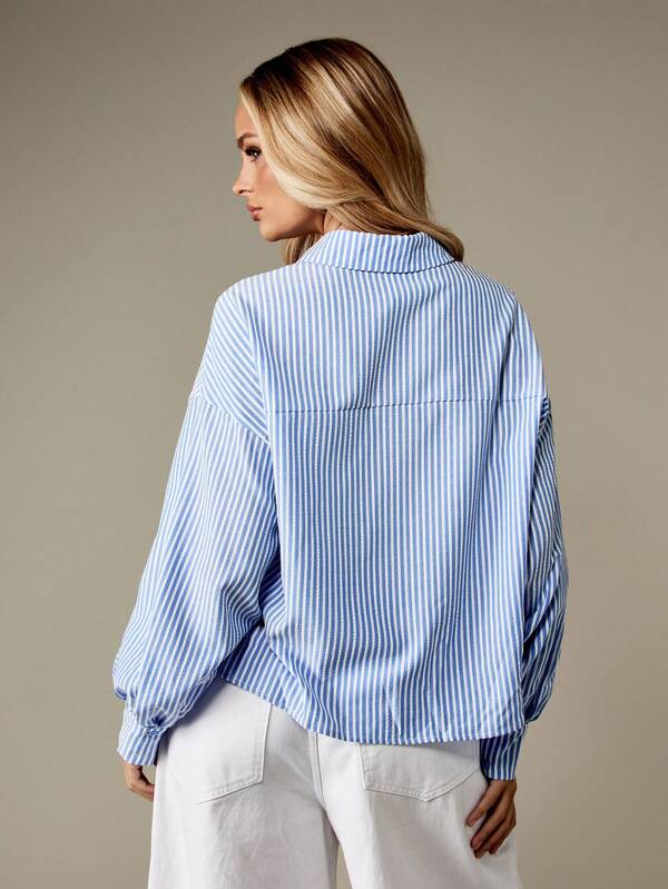 Missguided MISSGUIDED Striped Collared Blouse With Lace Up Front And Long Sleeves