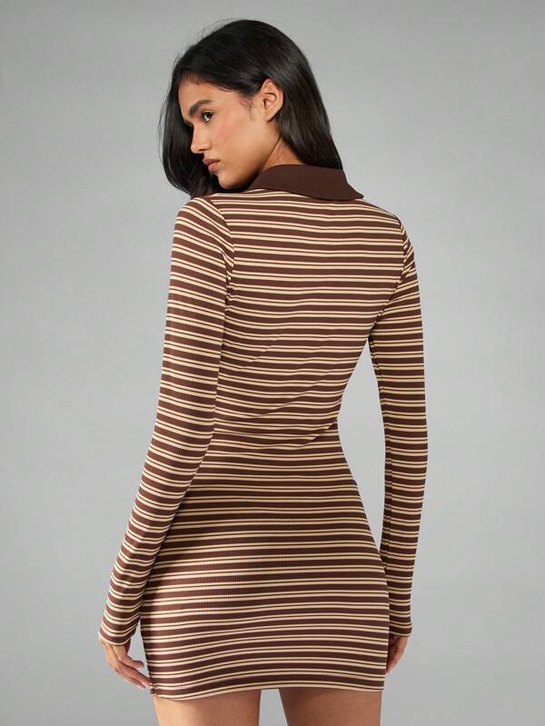 Missguided MISSGUIDED Striped Collared Bodycon Mini Dress With Long Sleeves