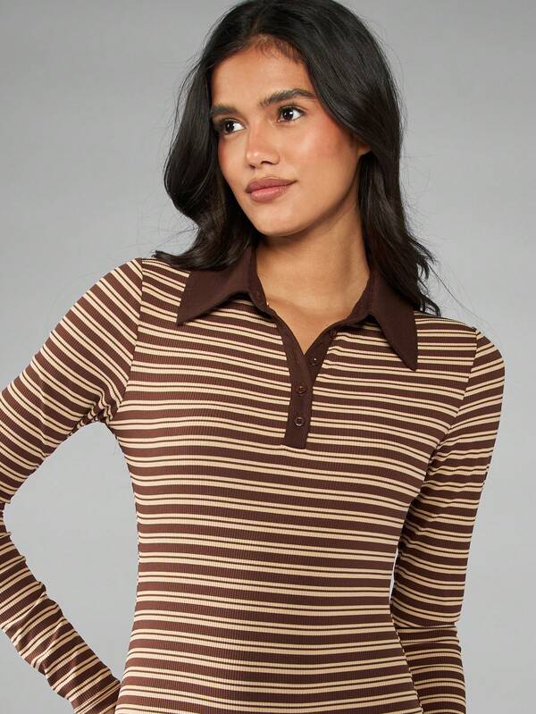 Missguided MISSGUIDED Striped Collared Bodycon Mini Dress With Long Sleeves