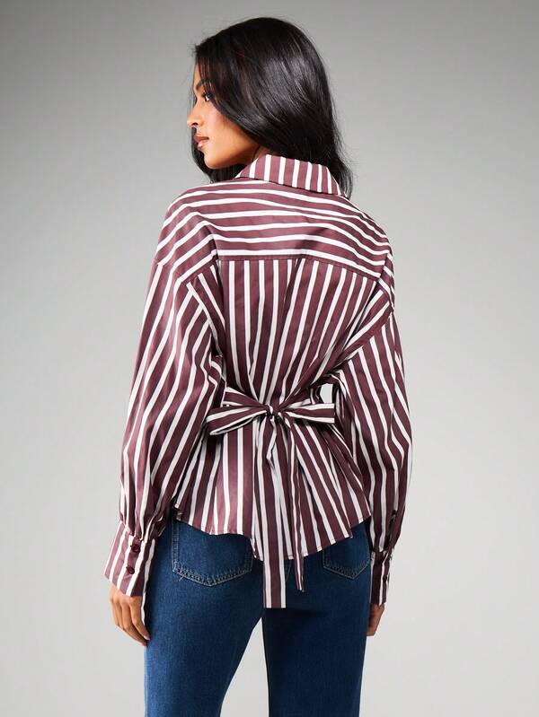 Missguided MISSGUIDED Striped Collared Button Down Blouse With Tie Back