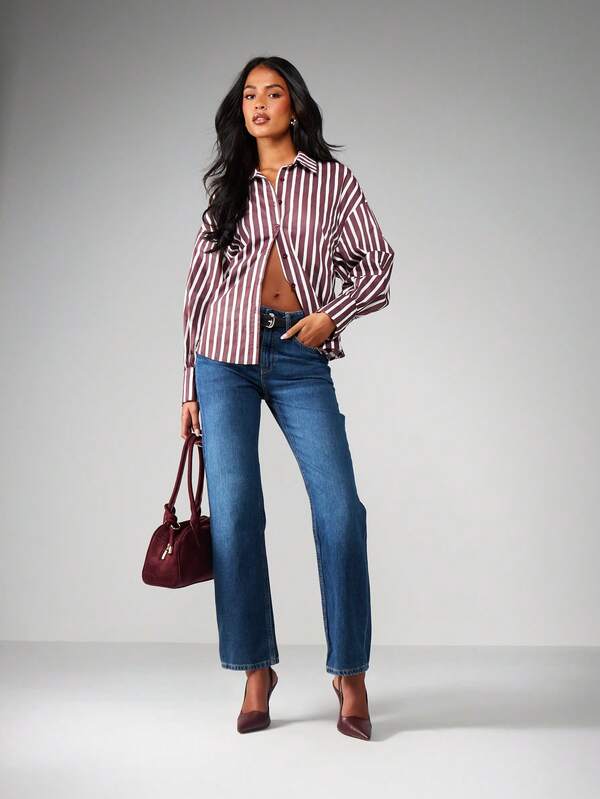 Missguided MISSGUIDED Striped Collared Button Down Blouse With Tie Back