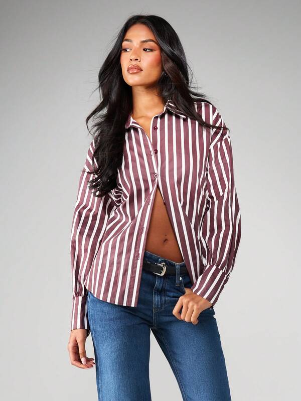 missguided MISSGUIDED Striped Collared Button Down Blouse With Tie Back