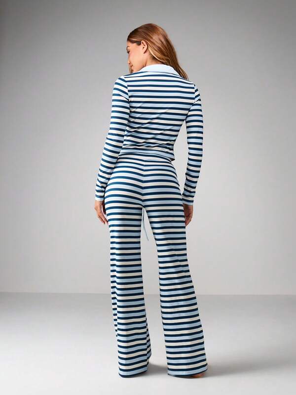 Missguided MISSGUIDED Striped Collared Crop Top With Wide Leg Pants Set