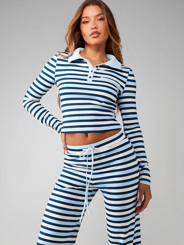 missguided MISSGUIDED Striped Collared Crop Top With Wide Leg Pants Set