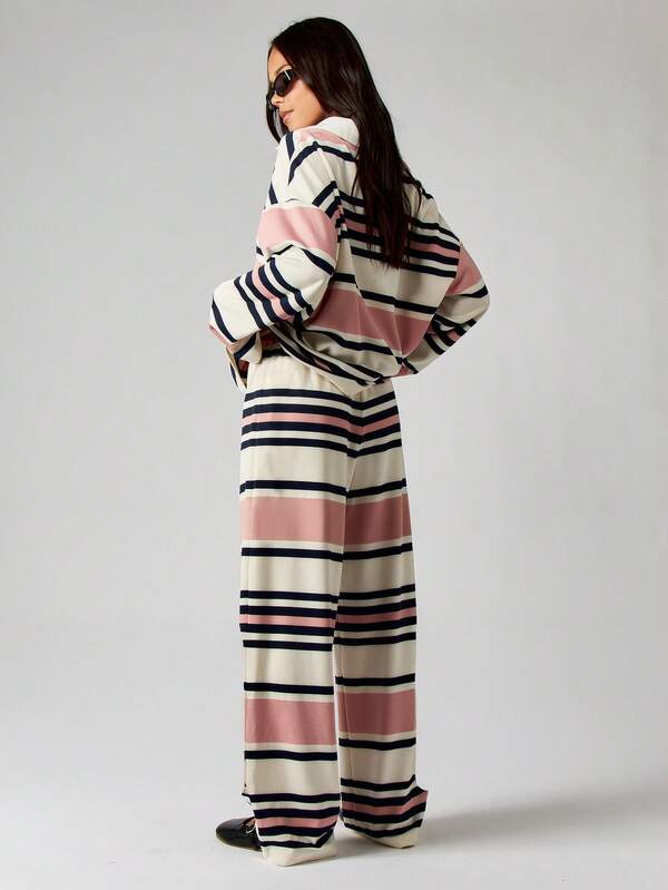Missguided MISSGUIDED Striped Collared Pullover And Wide Leg Pants Set