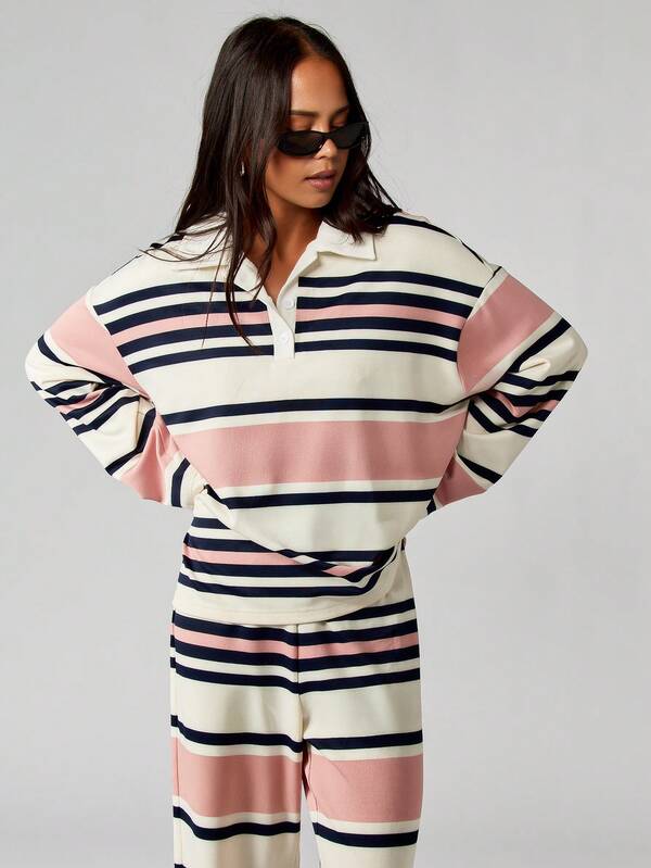 Missguided MISSGUIDED Striped Collared Pullover And Wide Leg Pants Set