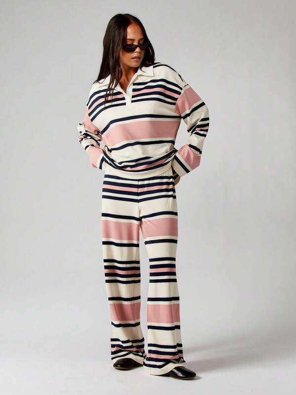 Missguided MISSGUIDED Striped Collared Pullover And Wide Leg Pants Set