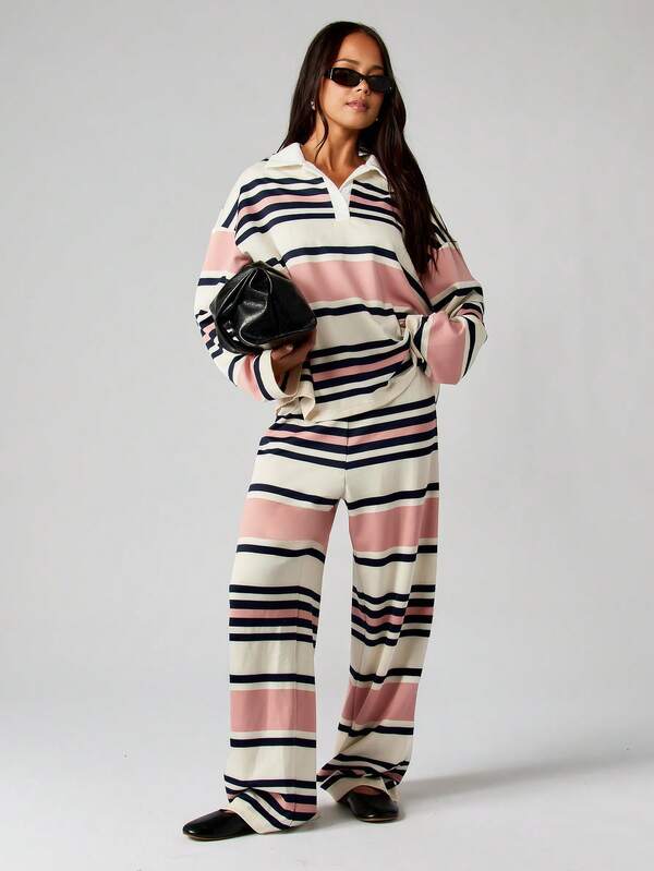 missguided MISSGUIDED Striped Collared Pullover And Wide Leg Pants Set