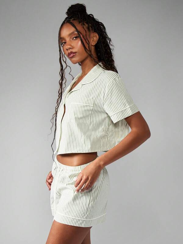 Missguided MISSGUIDED Striped Cotton Two-Piece Button Down Top And Shorts Set