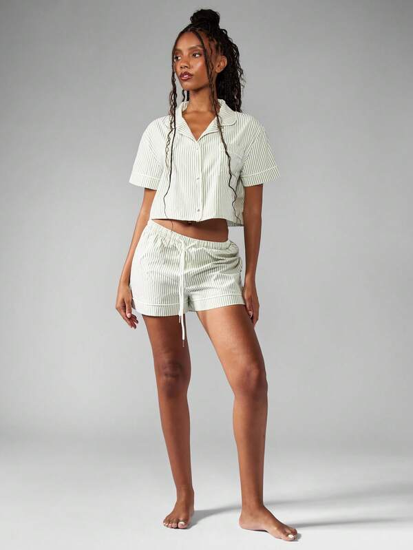 Missguided MISSGUIDED Striped Cotton Two-Piece Button Down Top And Shorts Set