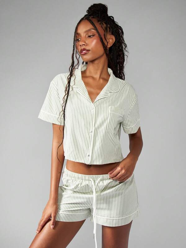 missguided MISSGUIDED Striped Cotton Two-Piece Button Down Top And Shorts Set
