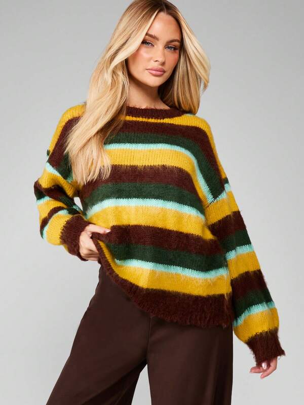 missguided MISSGUIDED Striped Crew Neck Chunky Knit Sweater