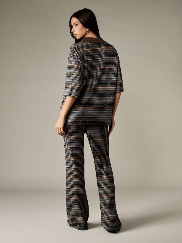 Missguided MISSGUIDED Striped Crochet Collared Top And Wide Leg Pants Set