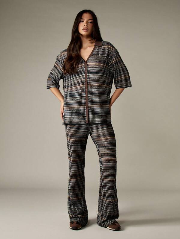 Missguided MISSGUIDED Striped Crochet Collared Top And Wide Leg Pants Set