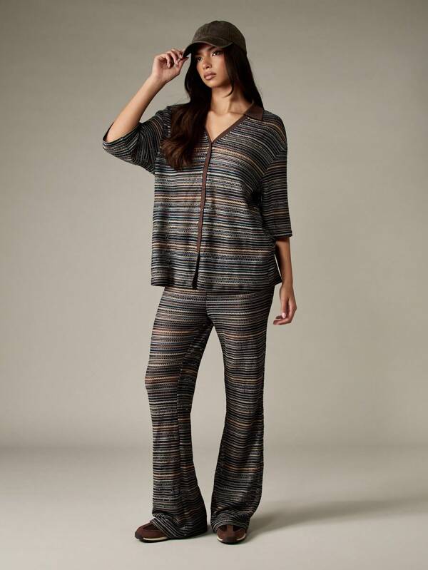 missguided MISSGUIDED Striped Crochet Collared Top And Wide Leg Pants Set