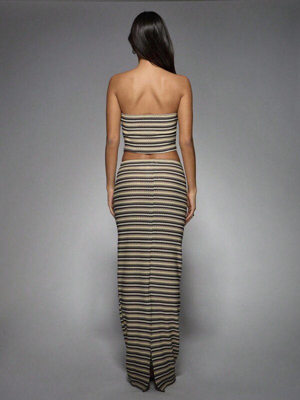 Missguided MISSGUIDED Striped Crochet Knit Bandeau Top Maxi Skirt Set