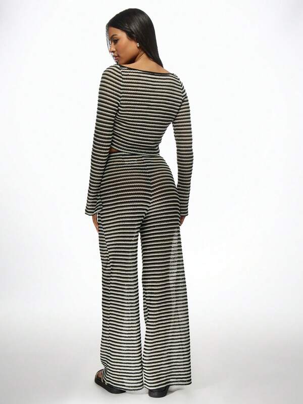 Missguided MISSGUIDED Striped Crochet Knit Two-Piece Set Flared Pants Crop Top