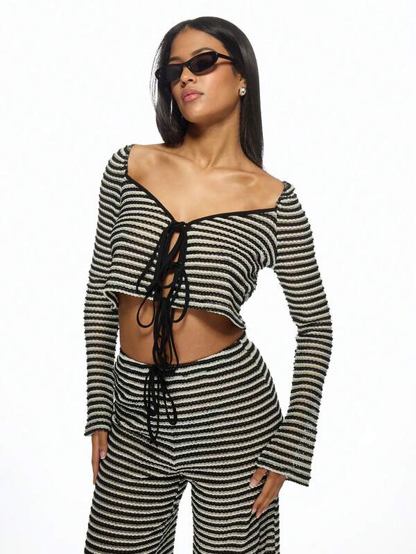 Missguided MISSGUIDED Striped Crochet Knit Two-Piece Set Flared Pants Crop Top