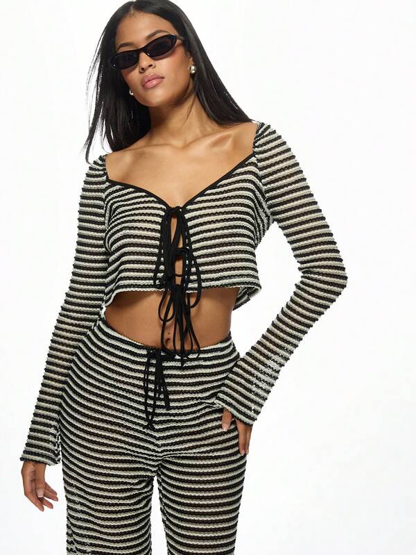 Missguided MISSGUIDED Striped Crochet Knit Two-Piece Set Flared Pants Crop Top