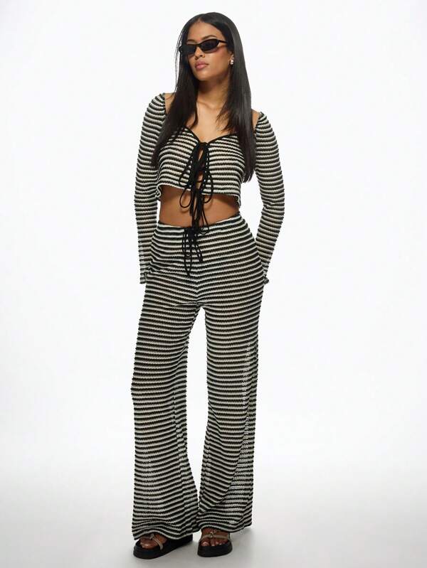 missguided MISSGUIDED Striped Crochet Knit Two-Piece Set Flared Pants Crop Top