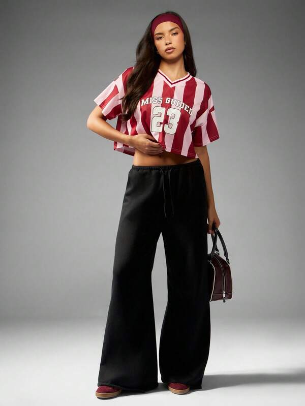 Missguided MISSGUIDED Striped Crop Jersey T-Shirt With Number Print