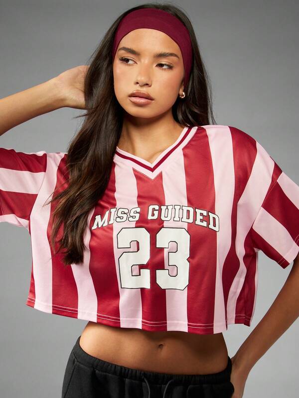 Missguided MISSGUIDED Striped Crop Jersey T-Shirt With Number Print