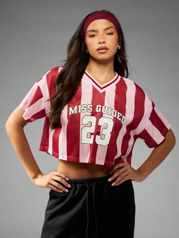 missguided MISSGUIDED Striped Crop Jersey T-Shirt With Number Print