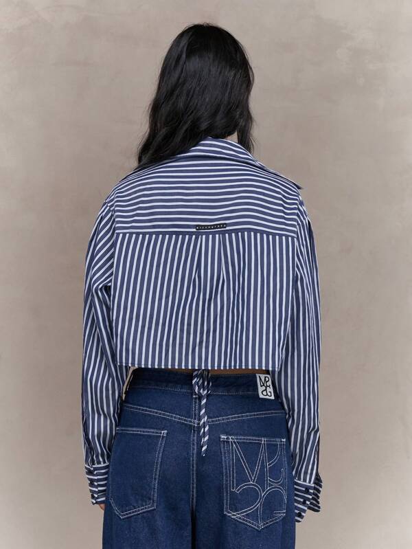 Missguided MISSGUIDED Striped Crop Shirt With Drawstrings Back Tie Detail