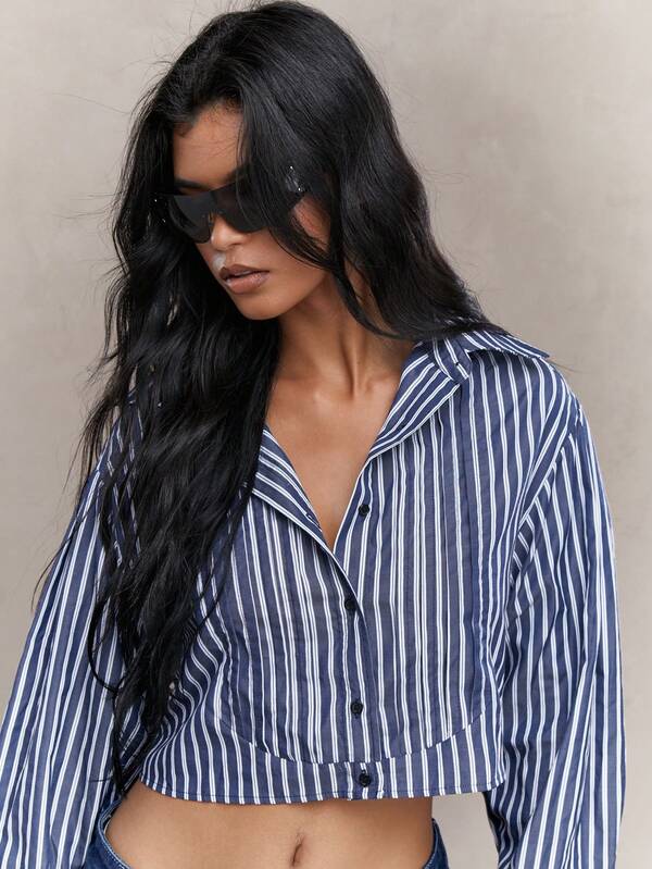 Missguided MISSGUIDED Striped Crop Shirt With Drawstrings Back Tie Detail