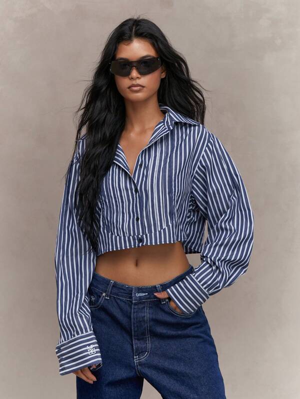 missguided MISSGUIDED Striped Crop Shirt With Drawstrings Back Tie Detail