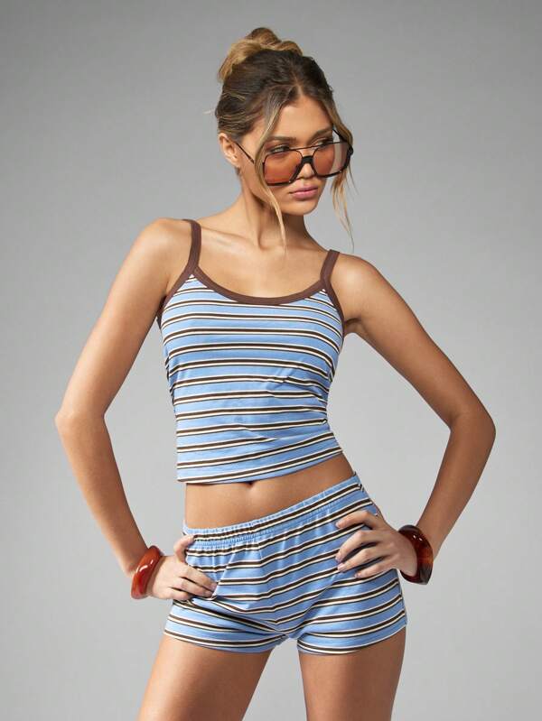 missguided MISSGUIDED Striped Crop Tank Top High-Rise Shorts Two Piece Set