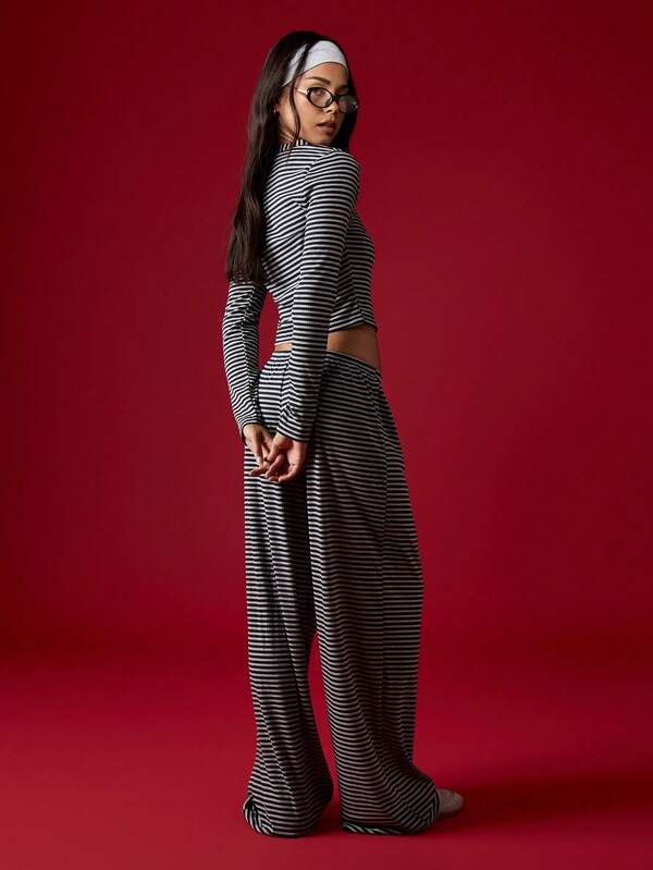 Missguided MISSGUIDED Striped Crop Top With Wide Leg Pants Set